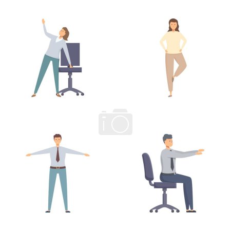 Illustrations of professionals in office attire stretching to promote wellbeing and ergonomics at the workplace