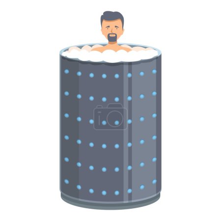 Cartoon illustration of a bearded man enjoying the benefits of cryotherapy while standing in a futuristic cryotherapy tank