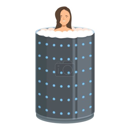 Young woman is taking a cryotherapy session, standing in a capsule filled with nitrogen vapor