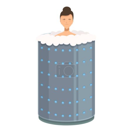 Young woman is taking a cryotherapy session, standing in a capsule filled with nitrogen vapor
