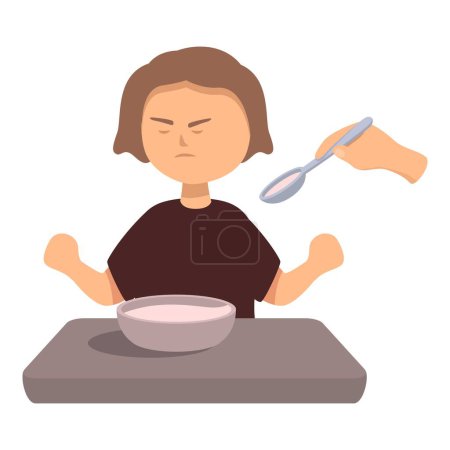 Kleines Mädchen verweigert Essen von Eltern am Esstisch mit wütendem Gesichtsausdruck