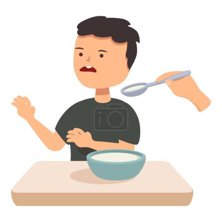 Young boy is refusing to eat his soup, pushing the spoon away with a scared expression on his face