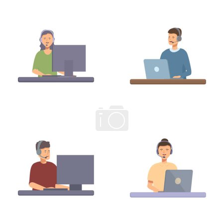 Collection of illustrations featuring individuals of different ages and ethnicities at workstations with laptops and desktops