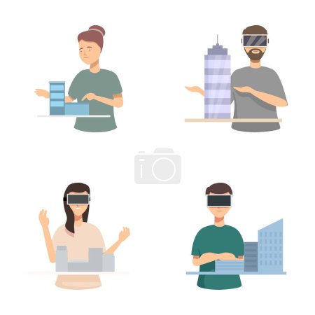 Set of illustrations depicting professionals using vr technology for architectural design