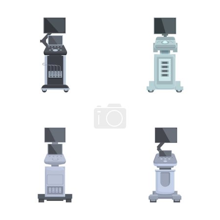 Collection of four contemporary computer workstations with various designs, isolated on a white background