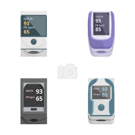 Illustration of four different designs of pulse oximeters, used for measuring blood oxygen saturation and pulse rate