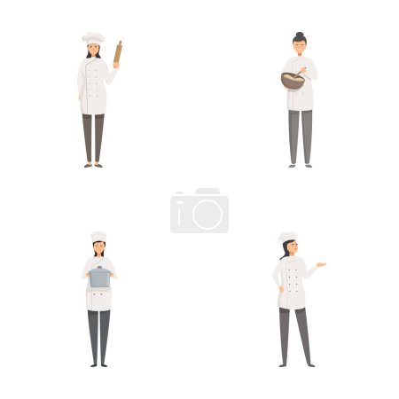 Collection of four isolated illustrations depicting chefs in different stances and with kitchen equipment