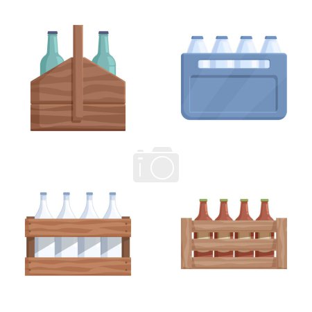 Vector illustration set featuring various styles of bottle crates and beverage packaging