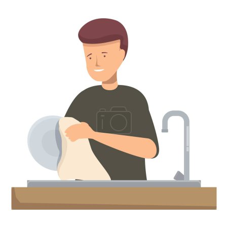 Young man is diligently washing dishes in a modern kitchen, embodying responsibility and domesticity