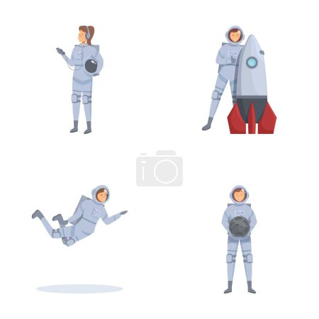 Collection d'illustrations mettant en scène des astronautes dans différentes poses, y compris avec un vaisseau spatial