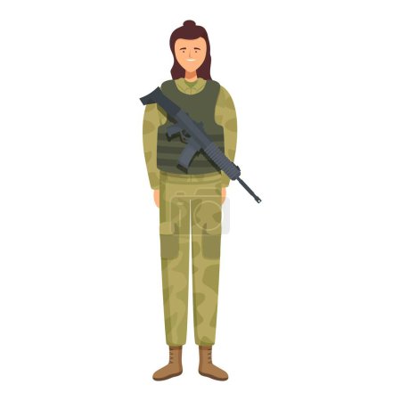 Female soldier is standing with her hands behind her back and a rifle strapped across her chest