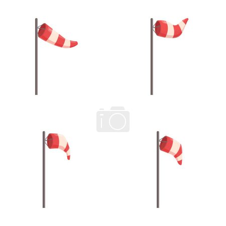 Conjunto de cuatro calcetines de viento rojos y blancos que muestran varias direcciones y velocidades de viento sobre un fondo claro