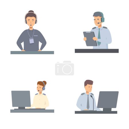 Colección de ilustraciones del personal de atención al cliente, trabajando en computadoras y con auriculares