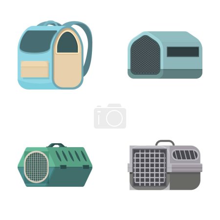 Vector illustration set depicting four different styles of pet carriers and travel crates