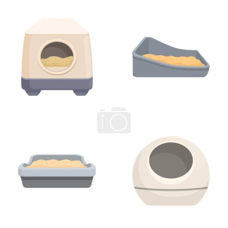 Illustration for Vector illustration set of various cat litter boxes with sand, isolated on white - Royalty Free Image