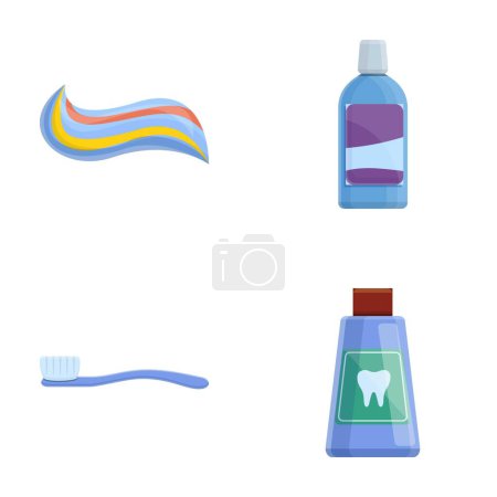 Teeth care icons set cartoon vector. Mouthwash, toothpaste and toothbrush. Oral care equipment