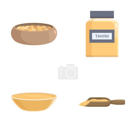 Tahini-Paste-Symbole setzen Cartoon-Vektor. Tahini-Sauce und Löffel mit Sesam. Ernährungskonzept