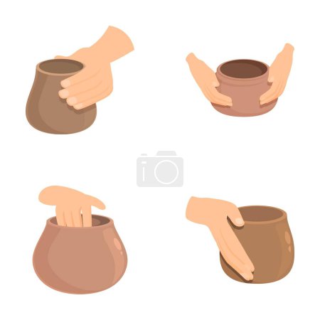 Pottery manufacturing icons set cartoon vector. Creating clay vase on wheel. Pottery master class