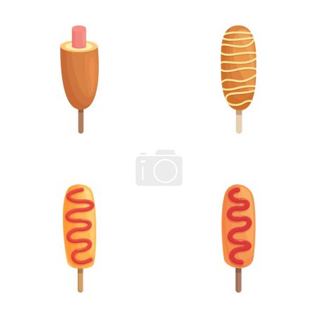 Korean snack icons set cartoon vector. Sausage in dough on stick. Street food