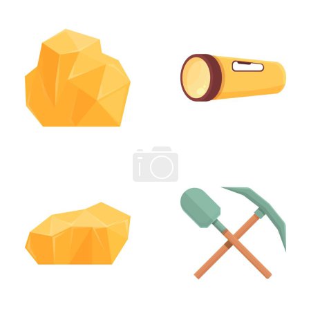 icônes de la ruée vers l'or définir vecteur de dessin animé. Matériel minier et pépite d'or. Goldmine