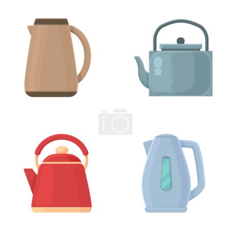 Set mit vier farbenfrohen Wasserkochern in verschiedenen Stilen, geeignet für vielfältige Kücheneinrichtungen