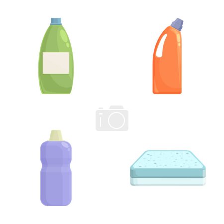 Iconos vectoriales de botellas de plástico y una esponja limpiadora, aislados en blanco
