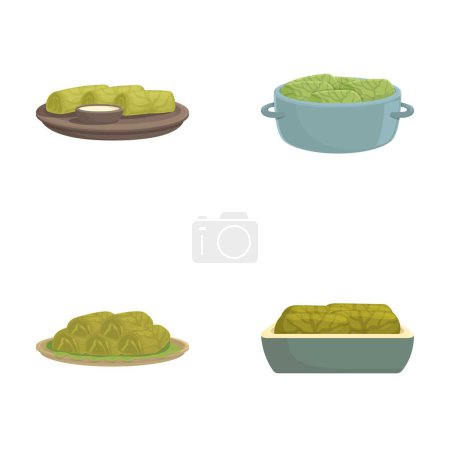 Illustration for Four vector illustrations of different cabbagebased dishes in various containers - Royalty Free Image