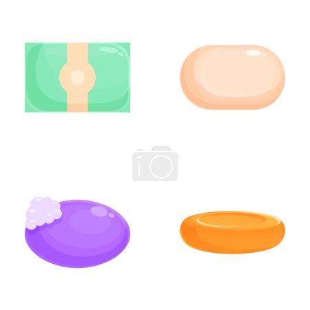 Téléchargez les illustrations : Ensemble de quatre icônes vectorielles représentant des barres de savon colorées avec des dessins différents - en licence libre de droit