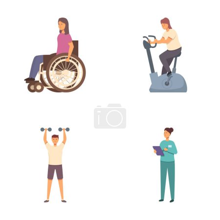 Illustration collection featuring individuals doing exercises, including a person in a wheelchair