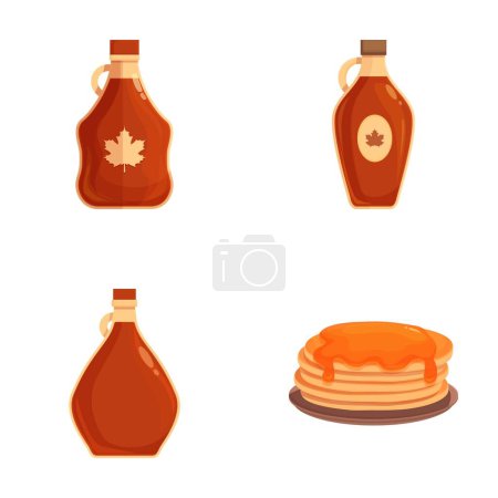 Illustration for Set of cartoonstyle maple syrup bottles and pancakes with syrup topping - Royalty Free Image