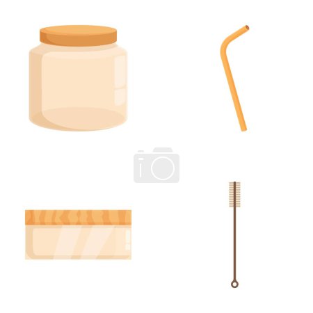Illustration of a sustainable, ecofriendly reusable products set made of glass, bamboo, beeswax, and more, perfect for zero waste, green living, and environmental conservation