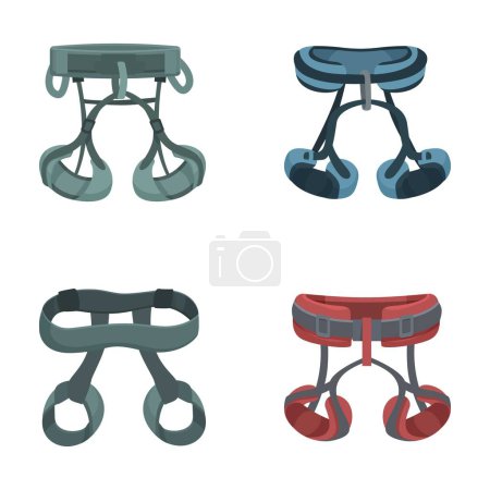 Illustration showcasing four different designs of climbing harnesses, suitable for safety equipment themes