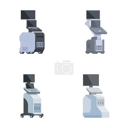 Illustrationssammlung von vier zeitgenössischen Ultraschallgeräten mit Monitoren in verschiedenen Ausführungen