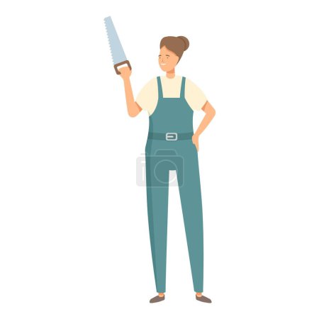 Professional carpenter woman holding saw standing in overalls smiling character design illustration