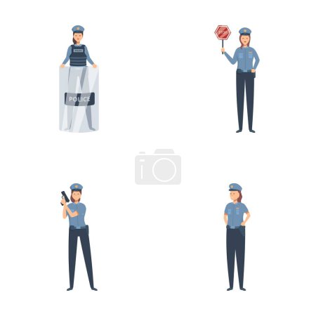 Collection of four illustrated police characters in uniform demonstrating different duties and poses