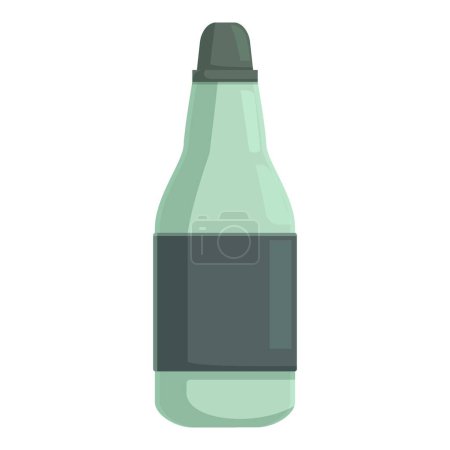 Green glass bottle with black label is standing on white background