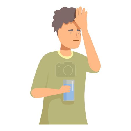 Young man is feeling unwell, holding his head and a glass of water