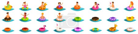 Kinder schwimmen Gummiring Symbole Set. Menschen, die sich auf aufblasbaren Ringen entspannen und Spaß im Schwimmbad oder am Strand haben, Sommerferienkonzept