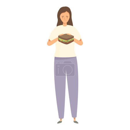 Traurige Frau hält ein abgestandenes Sandwich in der Hand und macht auf das globale Problem der Lebensmittelverschwendung aufmerksam