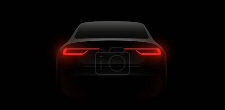Illustration for Back car silhouette with rear red lights on dark black background, wallpaper, banner template. Vector illustration - Royalty Free Image