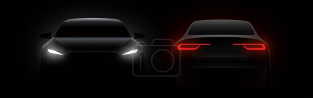 Illustration for Front and back car silhouette with rear white lights on dark black background, wallpaper, banner template. Vector illustration - Royalty Free Image