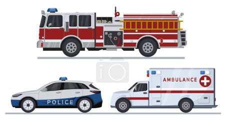 Téléchargez les photos : Véhicules d'urgence. Camion de pompiers, ambulance et voiture de police. - en image libre de droit