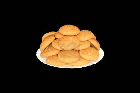 Photo for Sweet oatmeal cookies in a white plate on a black background. Axonometric view. - Royalty Free Image