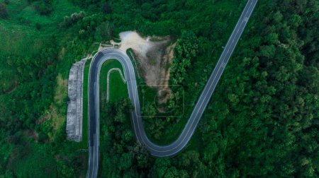 ROAD No.1081 of U-shape curve location, check-in and take photos of tourists  travel trip of Nan Province, Thailand. aerial vie