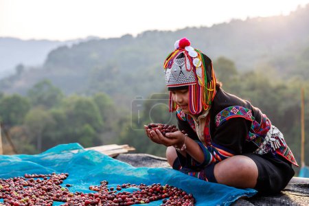 Photo for CHIANG RAI, THAILAND - February 20,2020 young girl karen holding and drying coffee beans on the floor at her home north of Chiang Rai, Thailand. business and industry family and community concept. - Royalty Free Image