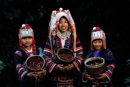 Téléchargez les photos : CHIANG RAI, THAILAND - February 20,2020 young girl karen ethnic woman holding basket of coffee beans at coffee plantation on dark, north of chiang rai thailand - en image libre de droit