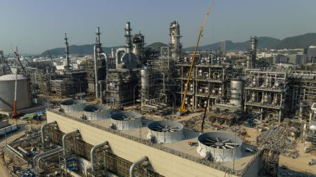 Mega project area, industrail plant construction large crude oil refinery, photograph aerial view 