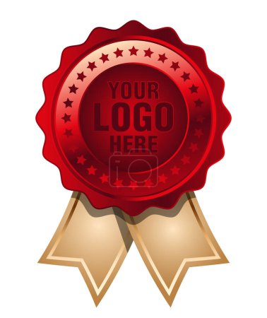 Illustration for Red medal with golden ribbon vector. Seal award red. Medal badge icons premium red. Blank certificate template - rosette with medal - Royalty Free Image