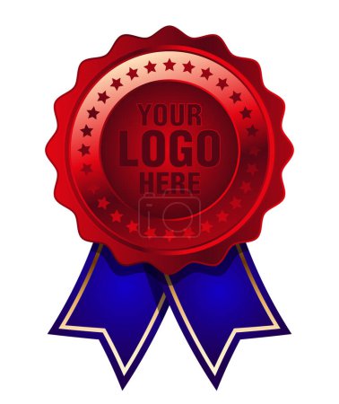 Illustration for Red medal with blue ribbon vector. Seal award red. Medal badge icons premium red. Blank certificate template - rosette with medal - Royalty Free Image