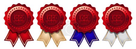Illustration for Big set red medal with color ribbon vector. Set of seal award red. Medal badge icons premium red. Blank certificate template - rosette with medal - Royalty Free Image